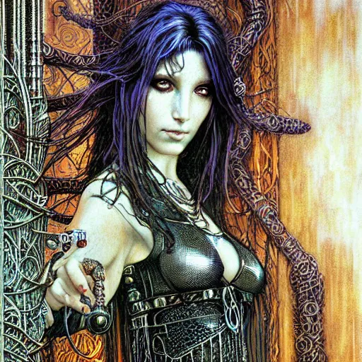 Image similar to a portrait of a female art nouveau cyberpunk shaman by ted nasmith and luis royo