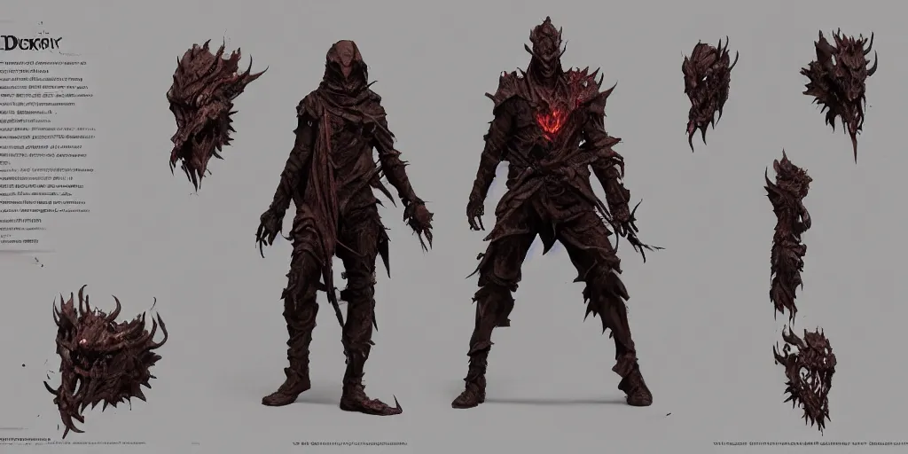 Image similar to flesh and wood mask rogue demon design, character sheet, 3d render, Greg Rutkowski, Zabrocki, Karlkka, Jayison Devadas, Phuoc Quan, trending on Artstation, 8K, ultra wide angle, zenith view, pincushion lens effect