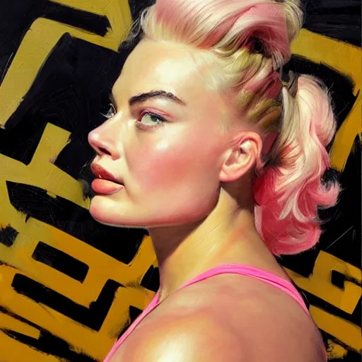 Image similar to greg manchess portrait of margot robbie as thick muscular weightlifter zarya from overwatch with ponytail and curly pink hair, medium shot, asymmetrical, profile picture, organic painting, sunny day, matte painting, bold shapes, hard edges, street art, trending on artstation, by huang guangjian and gil elvgren and sachin teng