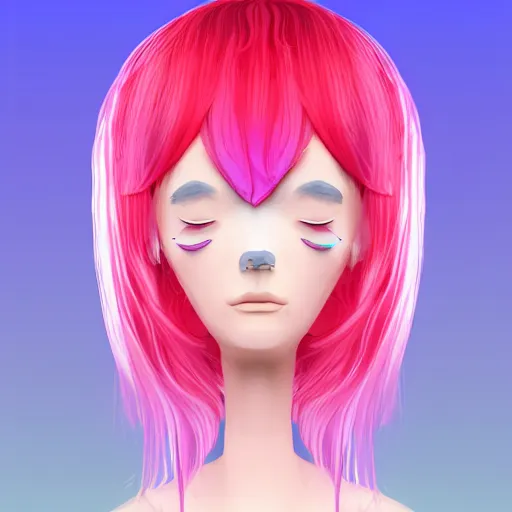 Prompt: a 2 d girl with a detailed holographic face, 3 d pink dripping hair and minimalist nose and color