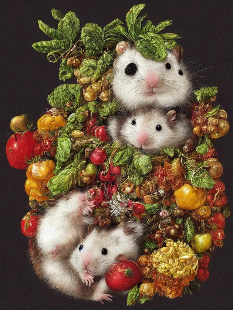 Image similar to Highly detailed cute hamster in the style of Guiseppe Arcimboldo, sharp, masterpiece, artstation