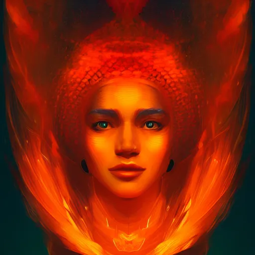Prompt: a beautiful portrait of a flame goddess by Petros Afshar and Beeple, Trending on Artstation, Flame Background