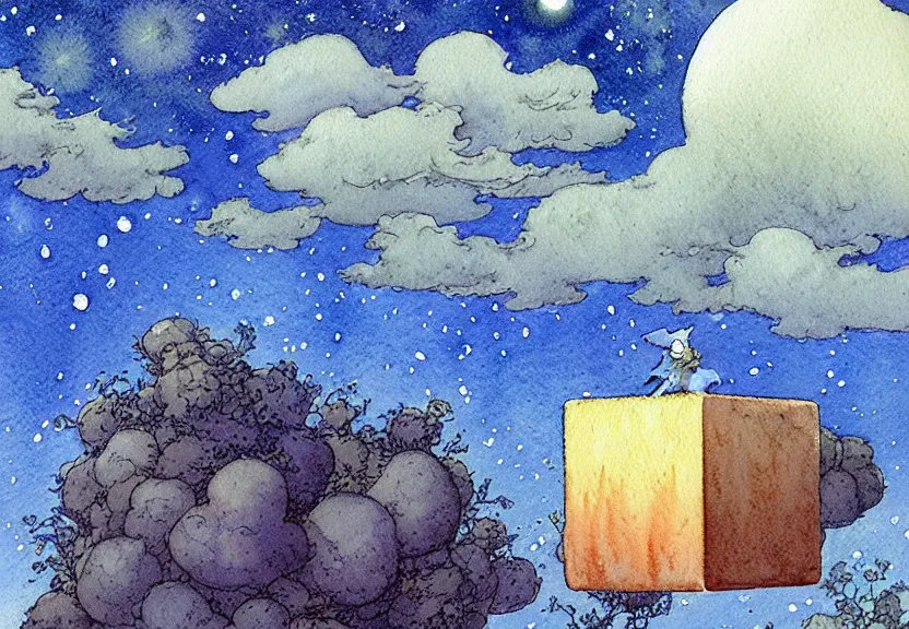 Prompt: a simple watercolor fantasy concept art of a giant grey cube floating in the air. it is a misty starry night. by studio ghibli, rebecca guay, michael kaluta, charles vess