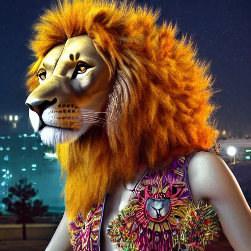 Image similar to scene of an anthropomorphic lion at a protest movement exquisite detail lion in hippie clothes, Streetwear, hippie fashion, protest movement, trending on artstation, bokeh, incredible detail, Graeme Base, 8k detail, gi, global illumination, physically based rendering, photoreal, small details, intricate complexity