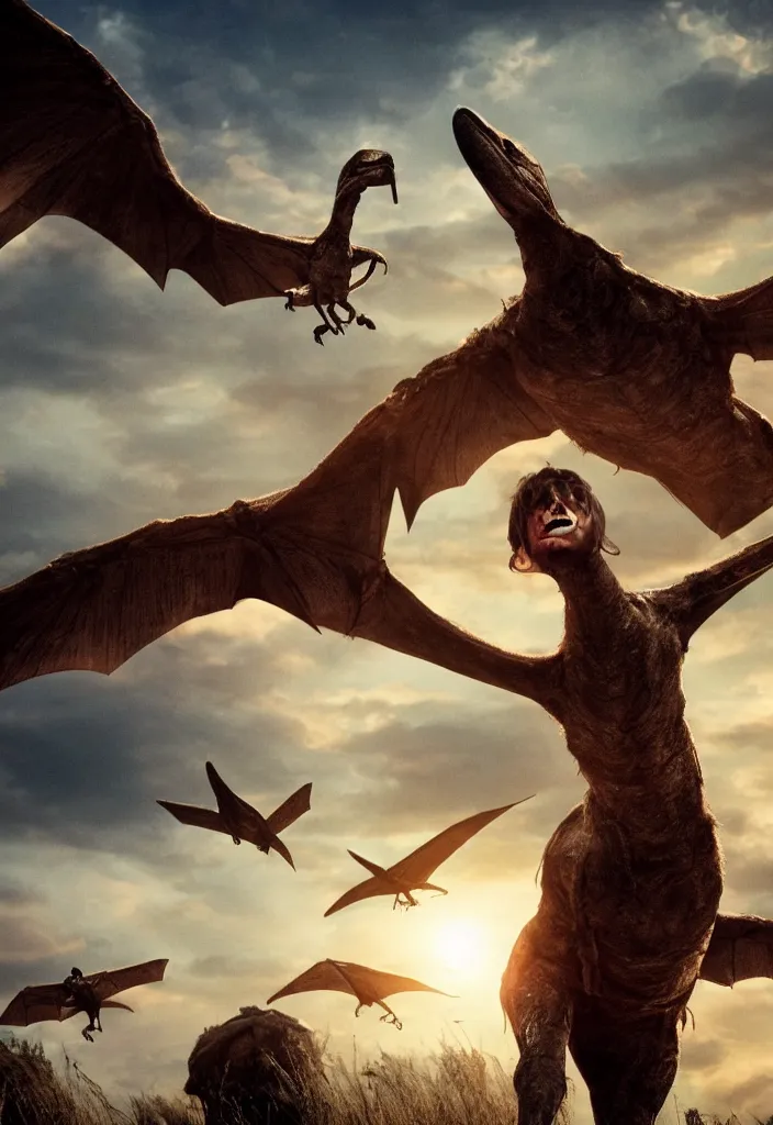 Image similar to a scared child looking at a pterodactyle flying in the sky in the style of a movie poster, realistic, super detailed, cinematographic, epic lighting