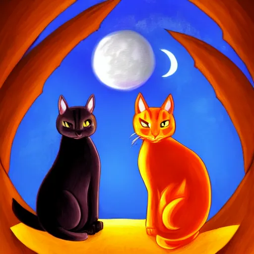 Image similar to Firestar and Ravenpaw sitting next to each other looking into the Moon, Warrior cats, Erin Hunter, illustration of 2 cats, trending on artstation, Paintings