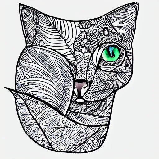 Image similar to tattoo sketch of a cat with one eye, monstera, on a canva, organic ornament, minimalism, line art, vector