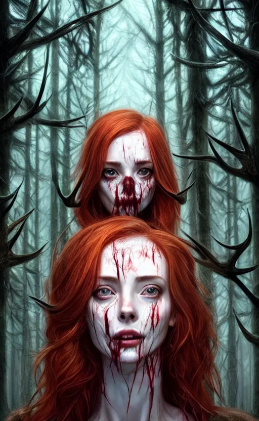 Image similar to surrounded by trees, realistic character concept, gorgeous Kacey Rohl, red hair, small freckles, Wendigo creature antlers deer skull face, symmetrical face, symmetrical eyes, full body, covered in blood, dark forest, trees, shorter neck, cinematic lighting, Joshua Middleton and artgerm, fear anxiety terror