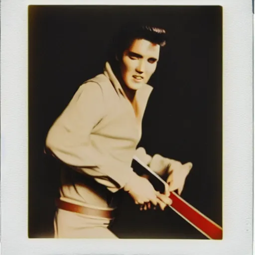 Image similar to elvis presley holding a katana, color Polaroid,