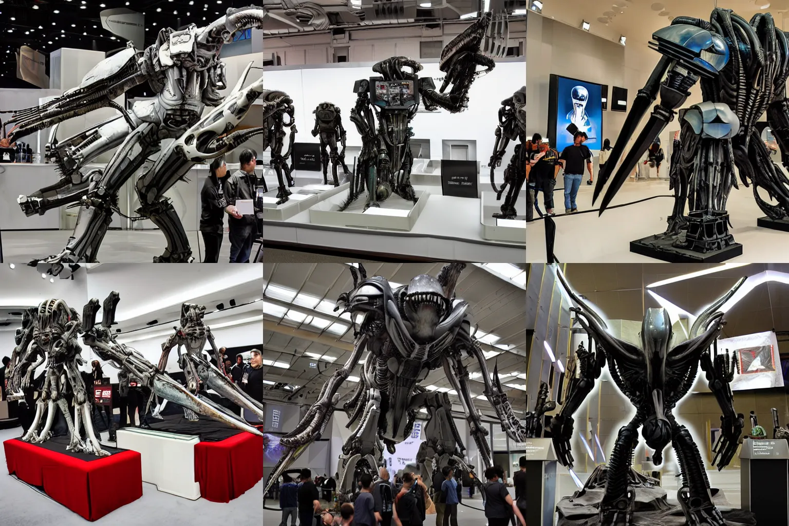 Prompt: a mecha xenomorph display at a weapon fair by chu qiao and h. r. giger mid - shot digital art.