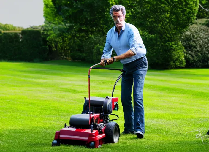 Image similar to pierce brosnan mowing the lawn, 8 k, 8 5 mm f 1. 8, studio lighting, rim light, right side key light