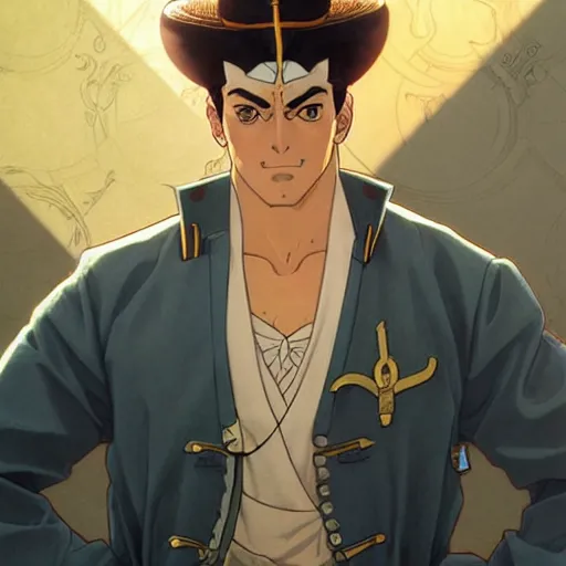 Image similar to highly detailed vfx portrait of jotaro kujo in bologna, makoto shinkai, alphonse mucha, sharp focus, art by artgerm and greg rutkowski!, backlit, harsh overhead sunlight, blue eyes, stanley kybric, takeshi obata, kaoru mori, pixiv, fanbox,