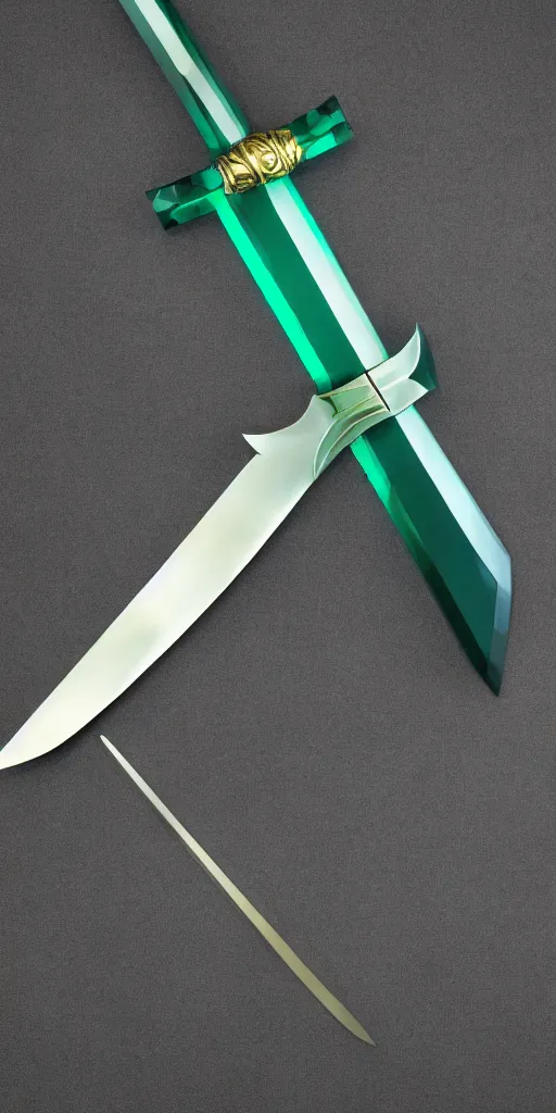 Image similar to photograph of a wide green and teal crystal sword blade attached to a big gold sword hilt
