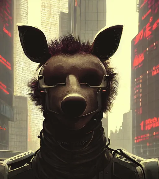 Image similar to new york city portrait of furry anthro anthropomorphic spotted hyena head animal person fursona wearing clothes strange cybernetic muzzle gloomy rainy screenshot from the video game cyberpunk 2077 digital art by Greg Rutkowski, Simon Stalenhag, christopher nolan trending on Artstation, CGSociety