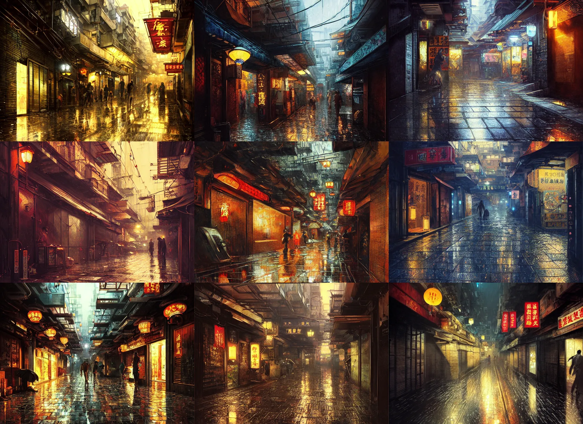Prompt: ultra realistic beautiful kowloon alleyway techno art, night, wet pavement, sci - fi, intricate, elegant, highly detailed, digital painting, artstation, concept art, smooth, sharp focus, illustration, beautiful light and shadows, art by tian zi and yuxiang chen and alphonse mucha and greg rutkowski and andreas achenbach
