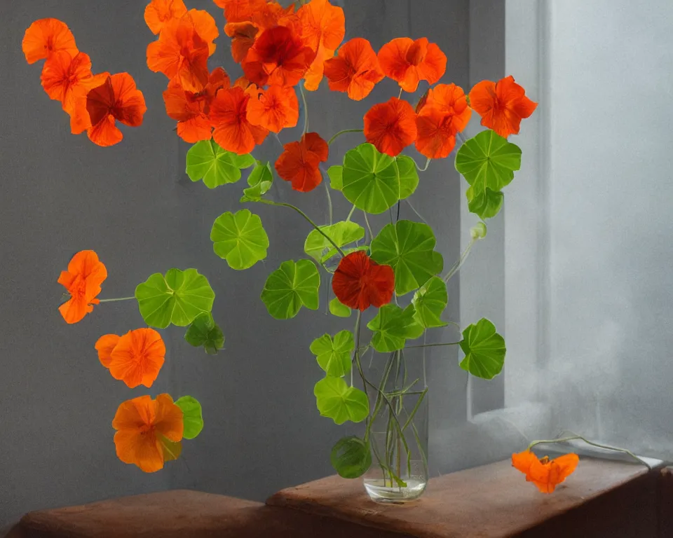 Image similar to photorealistic still life arrangement of a flowering nasturtium surrounded by blueish smoke with soft light coming from a window in a very dark room