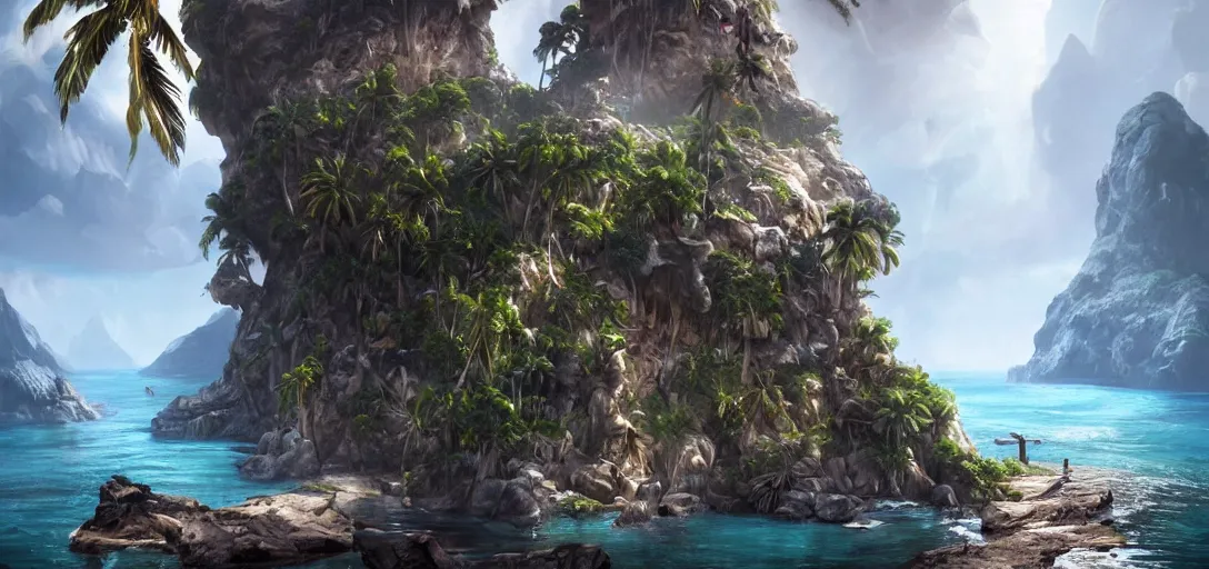 Image similar to a tropical pirate Island with white beach, palm trees and a cave in Form of a skull carved in a Mountain, dramatic lighting, cinematic, establishing shot, extremly high detail, photo realistic, cinematic lighting, post processed, concept art, artstation, matte painting, style by eddie mendoza, raphael lacoste, alex ross