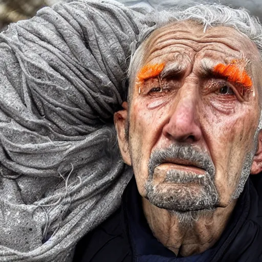 Prompt: biblical God , white grey hair , orange scarf , old man from the sky, is crying in tears and is very sad and sorrow , after creating humans