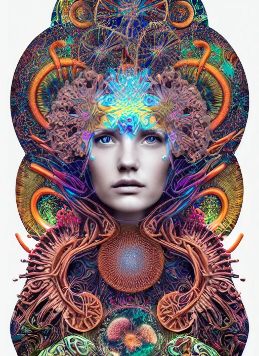 Prompt: ridiculously beautiful young womans face, radiating psychedelics, caduceus, portals into dimensions, coral, birds, symmetrical, in the style of ernst haeckel, effervescent, sacred geometry, surrealism, photo realistic, epic and cinematic