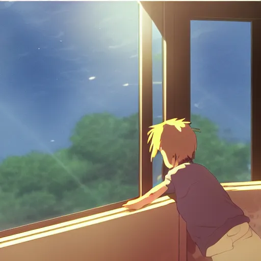 Prompt: A lonely child cries because it has no friends, Makoto Shinkai style, interior, sunset out the window