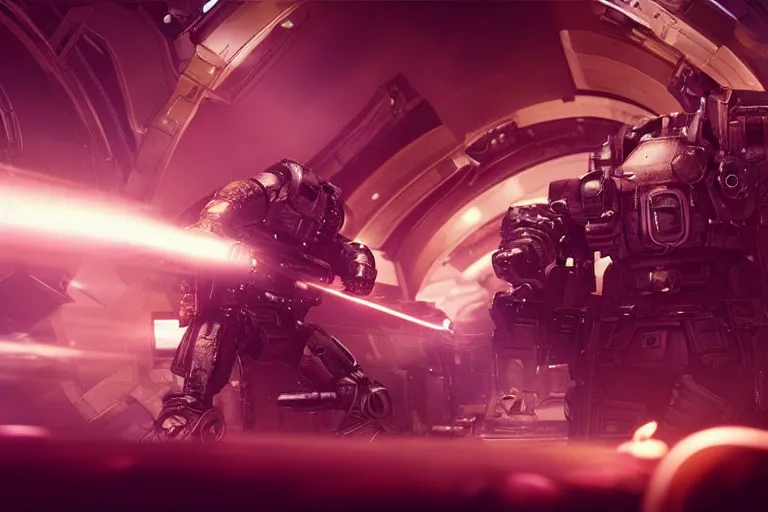 Image similar to VFX movie of a futuristic inhuman alien spacemarines in future spaceship, firing gun at space pirates detailed creature skin neon lighting by Emmanuel Lubezki