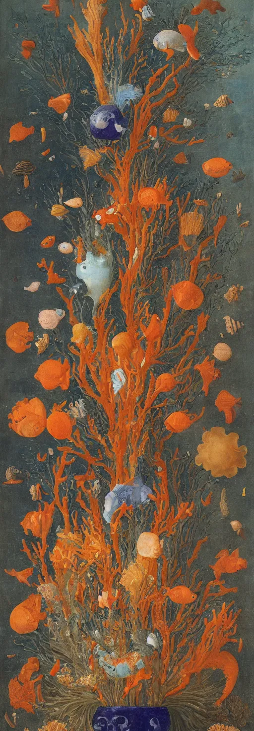 Image similar to bottle vase of coral under the sea decorated with a dense field of stylized scrolls that have opaque outlines enclosing mottled blue washes, with orange shells and purple fishes, Ambrosius Bosschaert the Elder, oil on canvas, hyperrealism, around the edges there are no objects