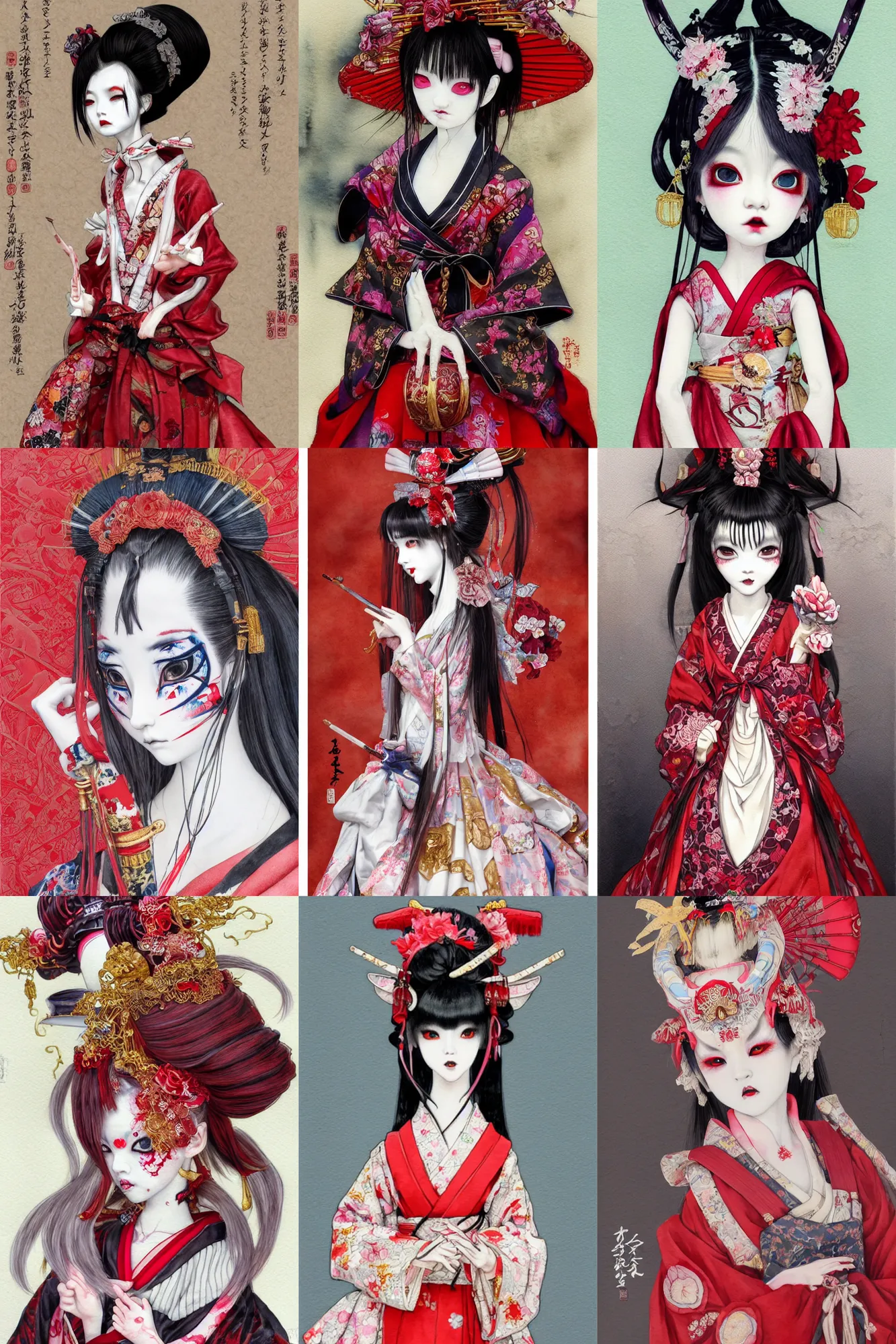 Image similar to watercolor painting of a japanese bjd geisha oni demon with a long neck in victorian lolita fashion red dress in the style of dark - fantasy painted by yoshitaka amano, wlop, ayami kojima, dmt art, symmetrical vogue face portrait, intricate detail, artstation, cgsociety, artgerm, rococo, gold