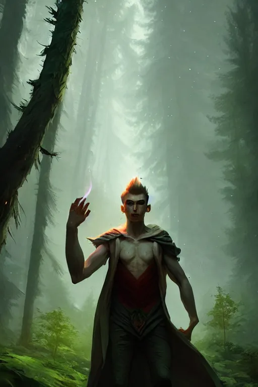 Prompt: a human nature elemental wizard, forest background, colorful magic, male, epic, white skin, young, sharp, concept art, dynamic lighting, unreal engine, octane, by greg rutkowski and svetlin velinov