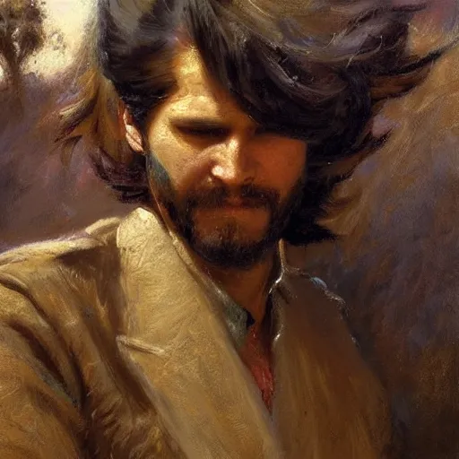 Image similar to a man with a pony tail haircut, painting by Gaston Bussiere, Craig Mullins