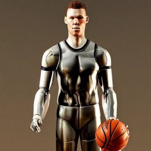 Image similar to “a realistic detailed photo of a guy who is an attractive humanoid who is half robot and half humanoid, who is a male android, basketball player Blake Griffin, shiny skin, posing like a statue, blank stare”