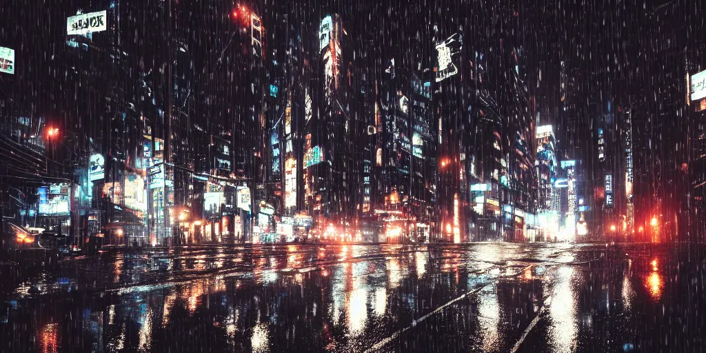 Image similar to a city street at night, raining, photograph, cars on the road, cyberpunk,