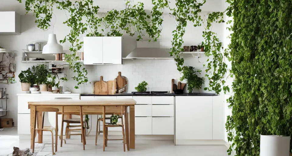 Image similar to IKEA catalogue photo, high end farm house style kitchen, sand piled in corners, dust, organic, vines, overgrown, tropical, by Dali