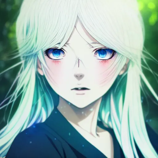 Prompt: anime portrait of the forest maiden,white hair,manga, shigeto koyama,kyoto animation, Ilya Kuvshinov, bright colors, beautiful, 28mm lens, vibrant, smooth gradation, cinematic, rule of thirds, great composition, intricate, detailed, flat, matte print