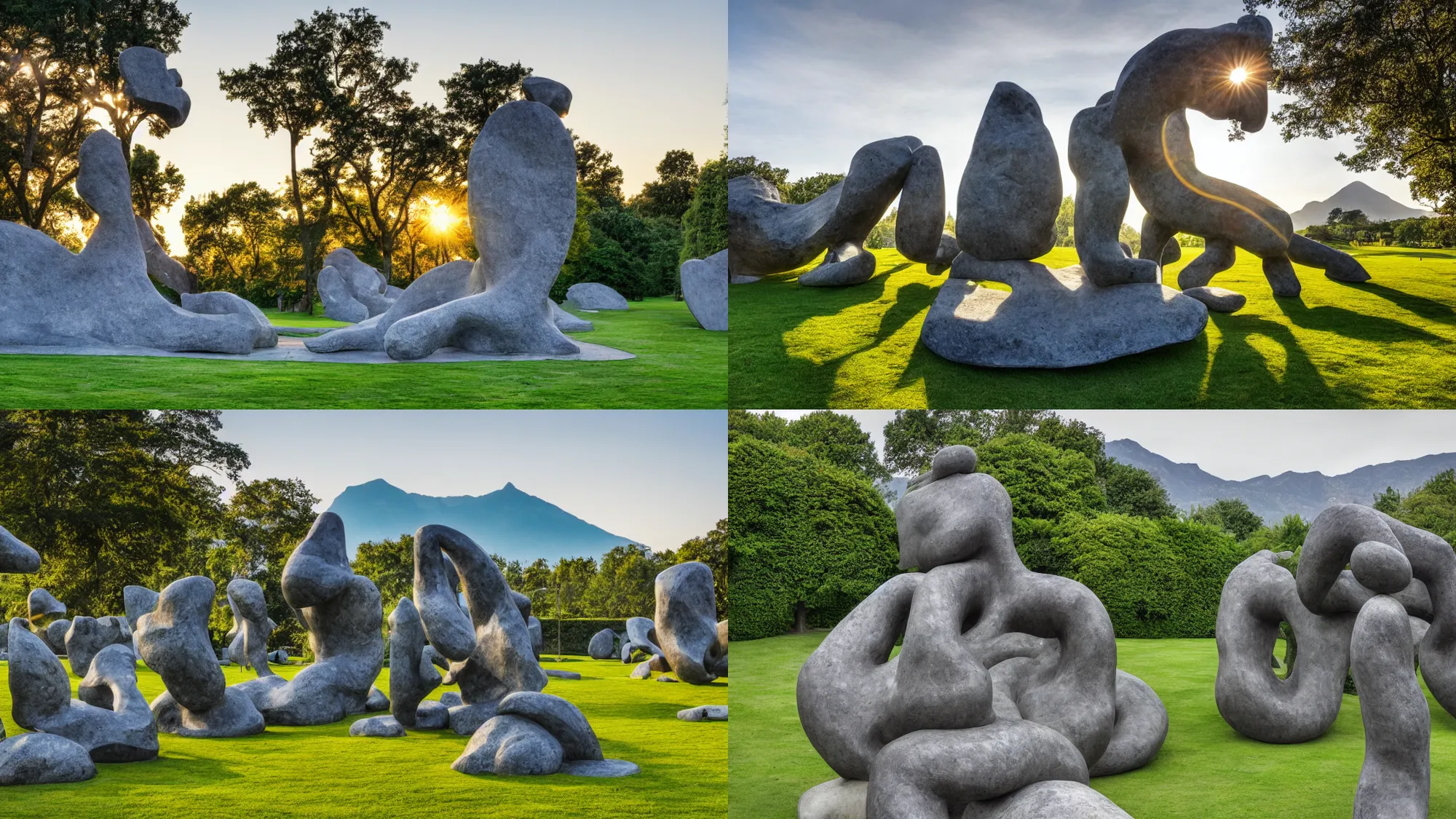 Prompt: a colossal abstract granite sculpture garden by Michelangelo and Henry Moore and Louise Bourgeois, on a green lawn, distant mountains, golden hour, 8k, DSLR Camera, Enormous creatures augment my desire