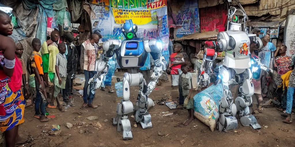 Prompt: mecha robot in Ajegunle slum of Lagos conversing with African Jesus Christ about beauty under a large UFO beaming a neon ray of light,