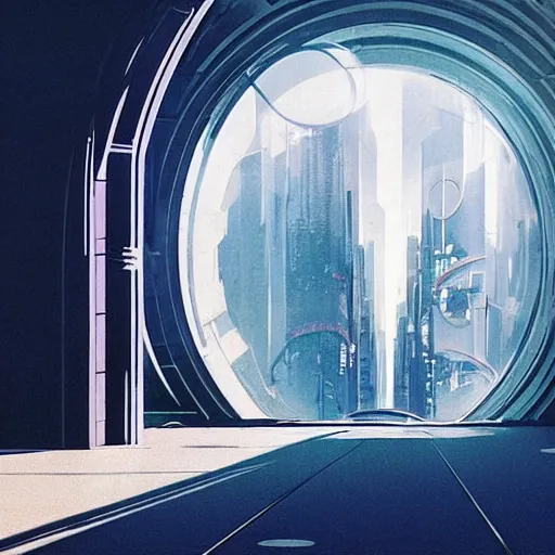 Image similar to centered circular derelict portal in a middle of a futuristic cityscape located under a bridgeway, world seen only through a portal, daylight, cinematic perspective, cinematic lighting, blue sky, syd mead, john harris, symmetrical