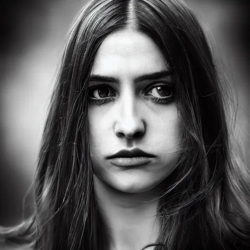 Image similar to masterpiece photo of a melancholic portrait of an aesthetic beautiful 30 years old woman, with mid long hair, canon 50mm, monochromatic, background blur, closer view, realistic!