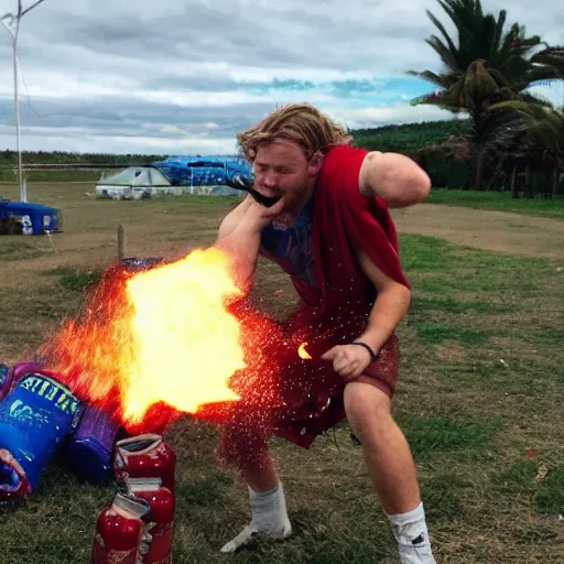 Image similar to thor smashing beer cans on an alien beach