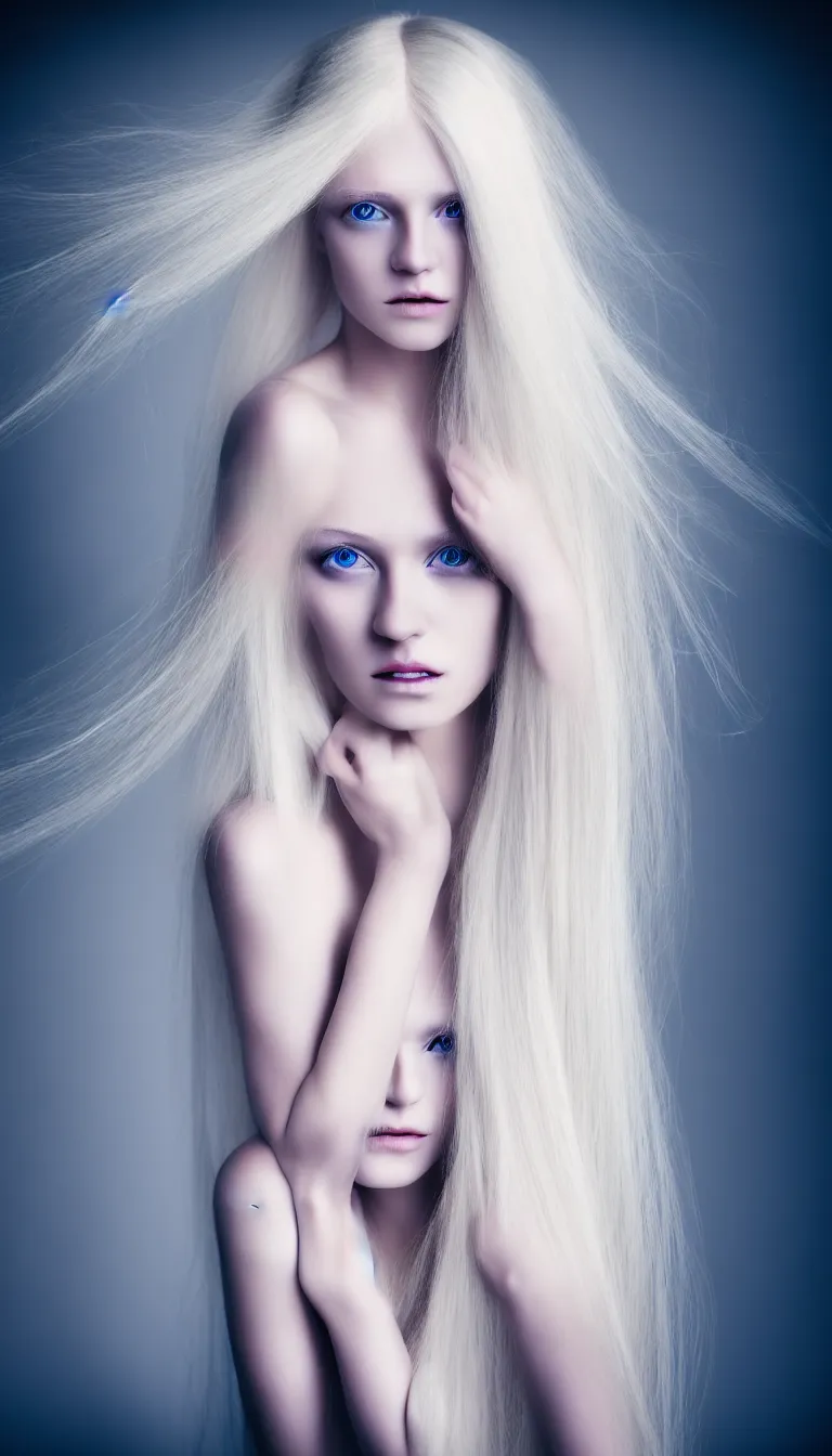 Image similar to photo portrait of a young woman with long blond hair dressed in long white, fine art photography light painting in style of Paolo Roversi, professional studio lighting, dark background, hyper realistic photography, fashion magazine style