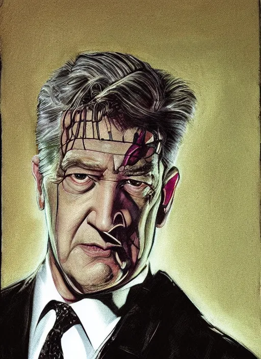 Image similar to portrait of david lynch in re - animator ( 1 9 8 5 ), highly detailed, centered, solid color background, digital painting, artstation, concept art, smooth, sharp focus, illustration, donato giancola, joseph christian leyendecker, les edwards, ed repka, wlop