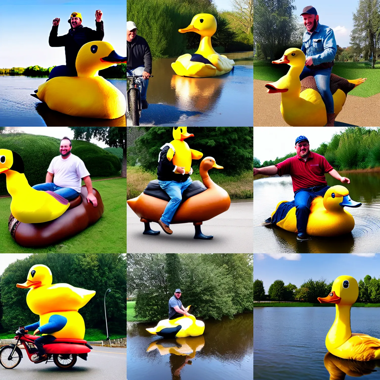 Prompt: man riding a giant real live duck