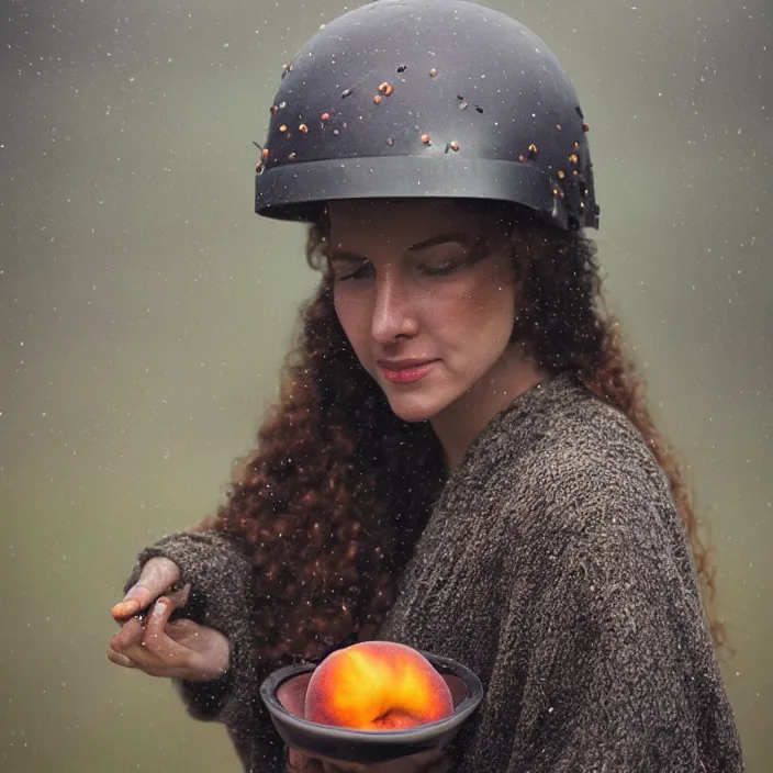 Prompt: a closeup portrait of a woman wearing a helmet made of beads, picking peaches from a tree, foggy, moody, photograph, by vincent desiderio, canon eos c 3 0 0, ƒ 1. 8, 3 5 mm, 8 k, medium - format print