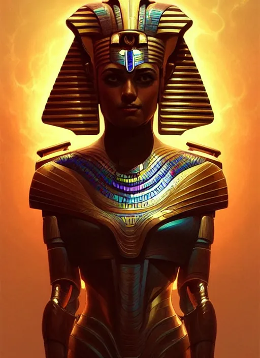 Prompt: Profile!! portrait of an egyptian god, sci-fi armour, tech wear, glowing lights!! sci-fi, intricate, elegant, highly detailed, digital painting, artstation, concept art, smooth, sharp focus, illustration, art by artgerm and greg rutkowski and alphonse mucha