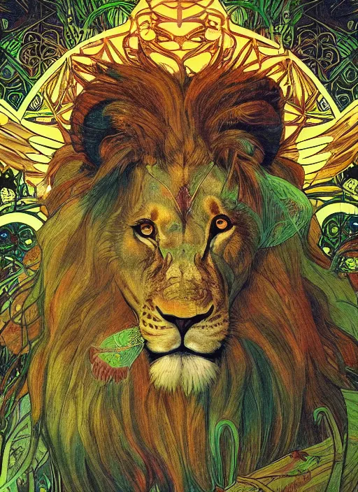Prompt: a lion with intricate bird wings in the middle of a lush forest at night. diffuse neon light, dramatic landscape, fantasy illustration, matte painting by mucha