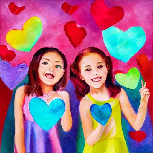 Image similar to art decor image of girls having fun at a party realistic painting with hearts in the air