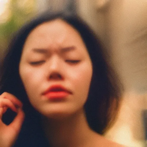 Image similar to a close-up of a woman’s face captured in low light with a soft focus. She’s devastated and crying, knowing she’s hopeless, cinestill 800t