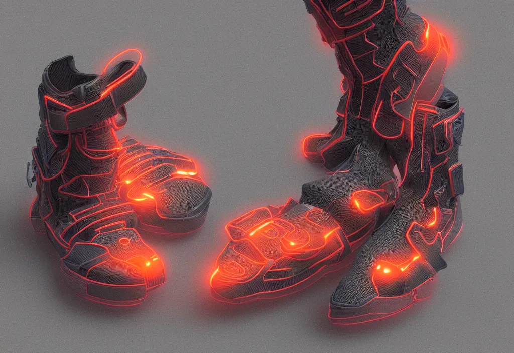 Prompt: one futuristic high - top sneaker with neon illuminated rubber soles on a grey surface, soft orange laces, clean 3 d render, beautiful studio lighting, soft, sharp focus, cyberpunk, intricate detail, gold and red filigree, soft rubber, octane render, trending on artstation, deviantart, art by iris van herpen and syd mead and android jones