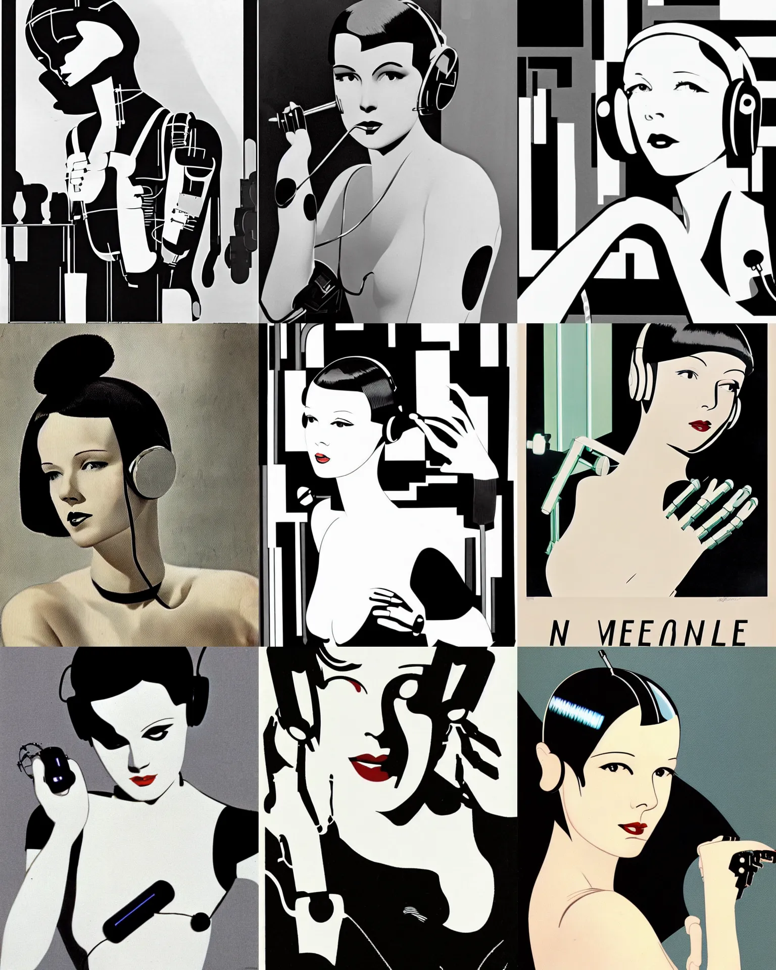 Image similar to mary louise brooks wearing headphones, repairing her own robot arm, chrome clothes, airbrush, robot arms, by patrick nagel, art deco style