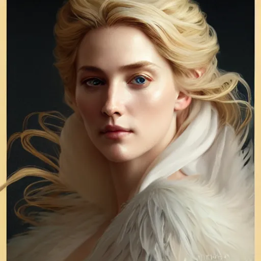 Image similar to portrait painting of a beautiful blonde woman with a kind face wearing a feathered cloak and a fancy silk white dress, ultra realistic, concept art, intricate details, eerie, highly detailed, photorealistic, octane render, 8 k, unreal engine. art by artgerm and greg rutkowski and charlie bowater and magali villeneuve and alphonse mucha