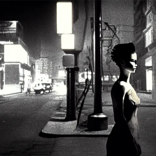 Image similar to noir cinematic portrait of bride of frankenstein as a replicant in a busy street at night, sleepy, frightened and angry, still from the movie ex machina, a neon sign is in the background